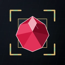 The Rubetris app icon: a brilliant-cut ruby inside four brass corner brackets on a dark grid.