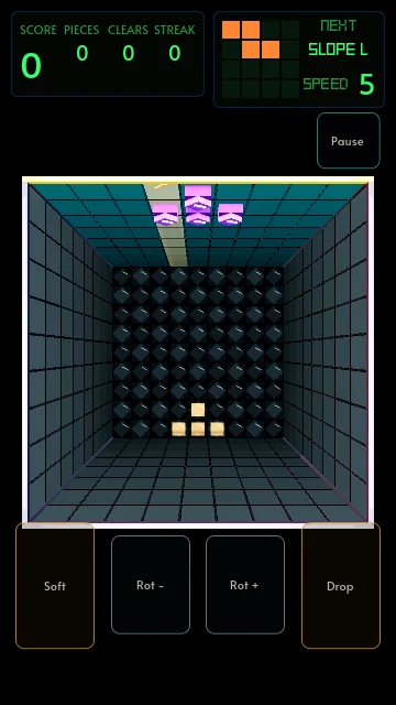 Debrix on a phone: the well under the score strip, Pause beside the strip, and the four touch plates — Soft, two rotations and Drop — along the bottom.