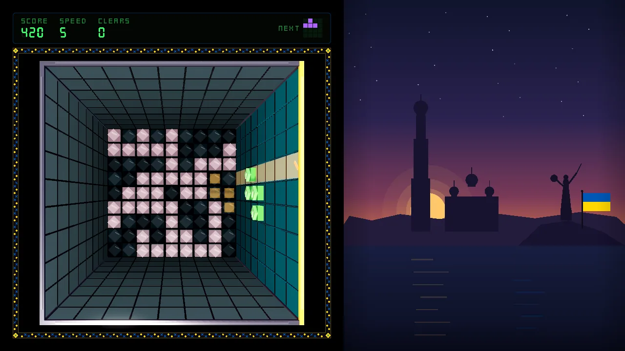 Debrix: a green piece sliding down the east wall of the gem well toward a floor of pale gems, the green score strip above the well reading Score, Speed and Clears with the next piece at its right end, and the dusk skyline scene beside it.