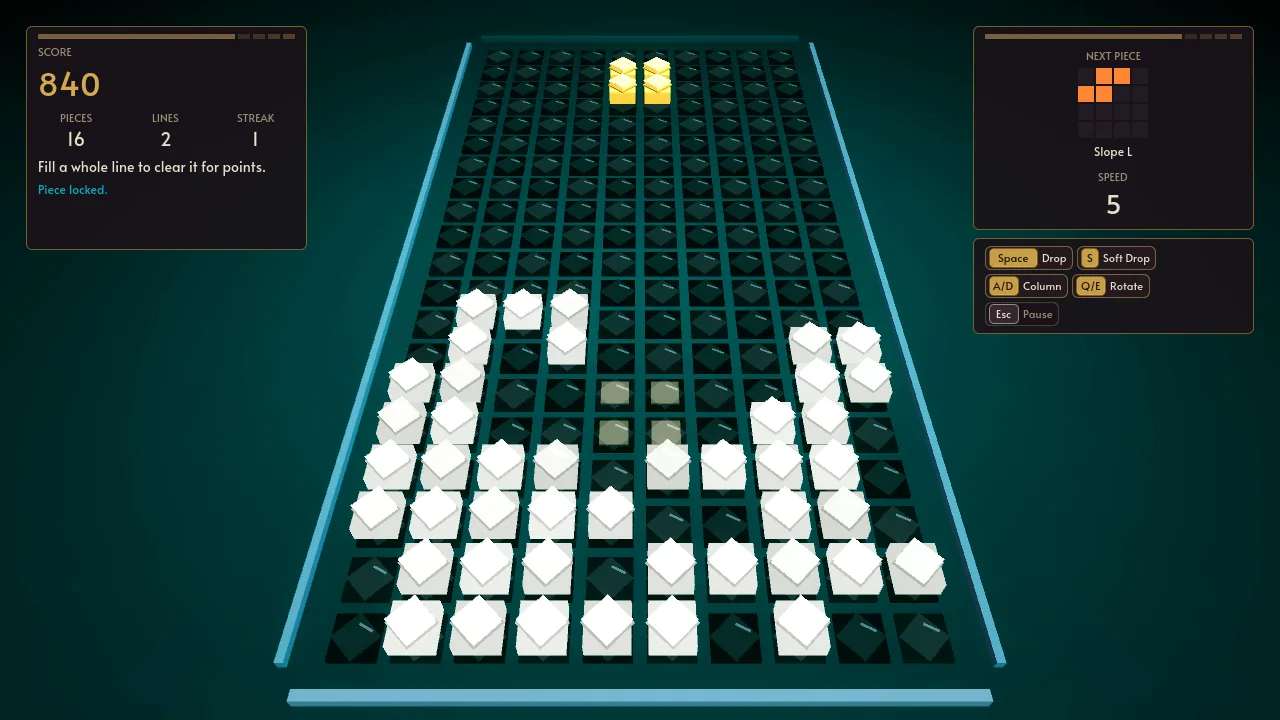 Erikade: a yellow piece falling into a teal well where white pieces stack up from the floor, the score panel on the left and the next piece on the right.