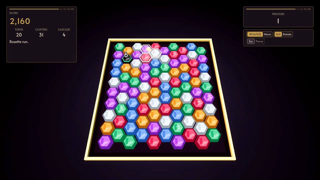 Rosette: a hex tray of coloured gems with three highlighted where they meet and a bomb counting down from 6, the score panel on the left.